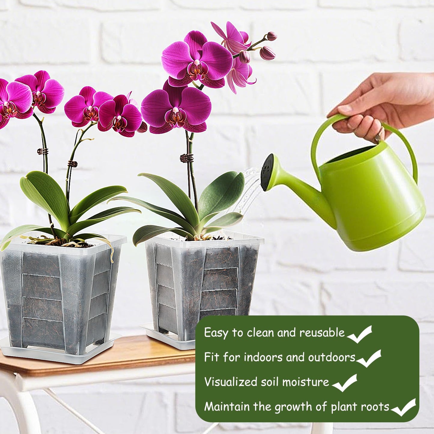 KIMERSE Square Orchid Pot, Clear Flower Pot 3 Pack 6 Inch, Root Control Planting Pots with Tray, Plastic Plant Pot for Home Balcony Orchids, Water Moss, Spider Plants
