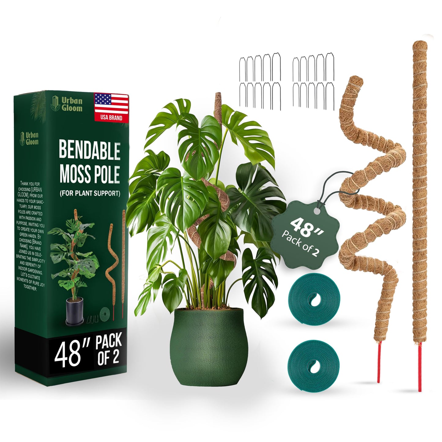 Bendable Moss Pole 48 Inch for Monstera & Climbing Plants – Pack of 2 Coco Coir Moss Poles for Indoor Plant Support, Trellis Pole for Pothos, Philodendron, Tall Plant Stakes for Home Gardeners