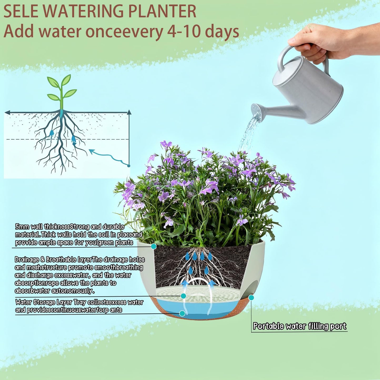zople Set of 2-8 Inch Self Watering Hanging Planters for Indoor Outdoor，Hanging Plant Pots with Drainage & Removable Tray, Hanging Pots Holder for Ivy, Pothos, Ferns, Balcony & Patio, Green Brown