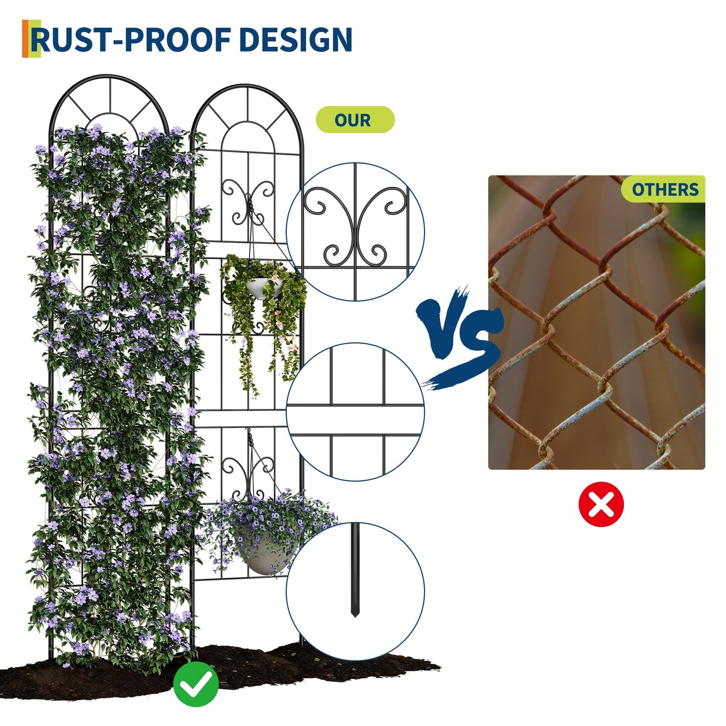 GarveeLife 2 Pack 55x11 in Black Metal Plant Trellis - Sturdy Rustproof Climbing Support for Roses, Vines & Vegetables - Indoor/Outdoor Garden Trellis for Pots, Houseplants & Patio Decor