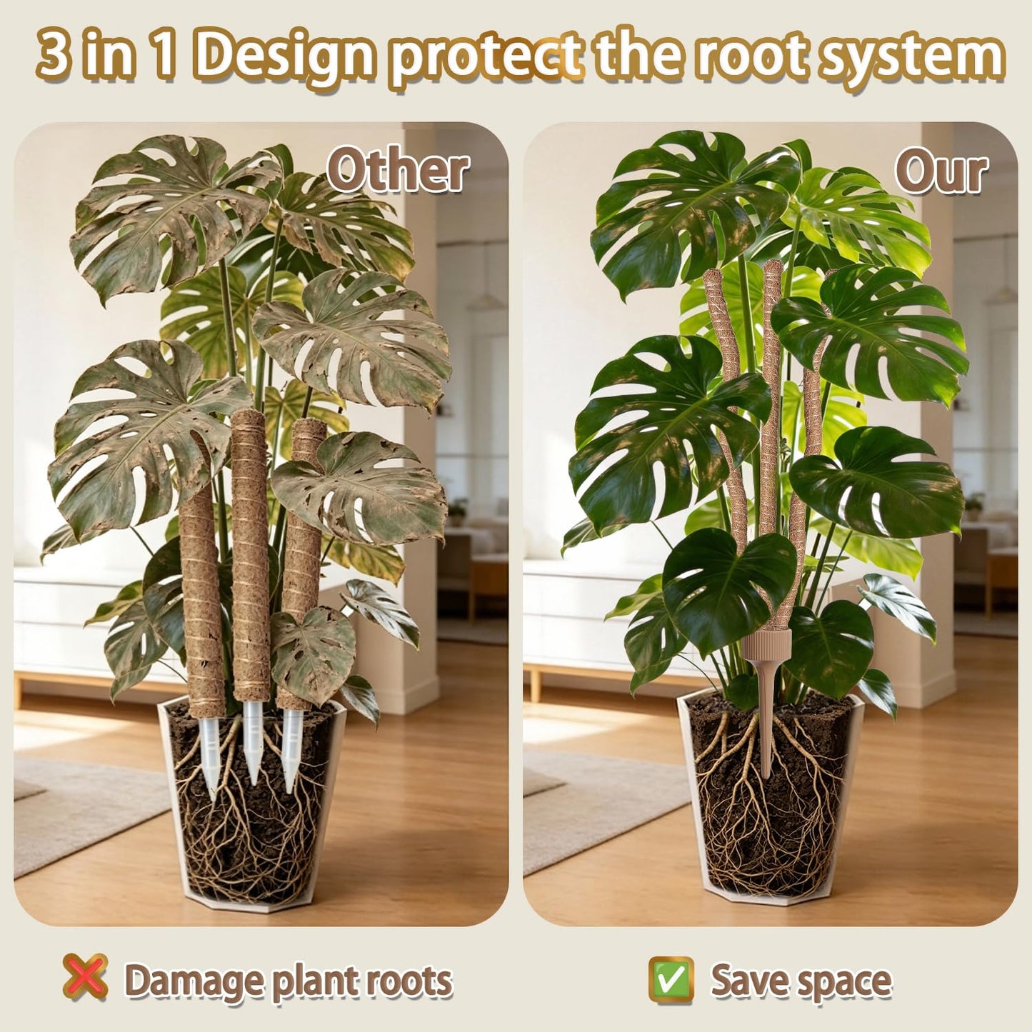 3 Moss Poles in 1, Bendable Monstera Plant Support, 30IN Tall Plant Stakes for Indoor Plants, Coir Pole Plant Support for Climbing Plants, Pothos, Philodendron-1 Pack