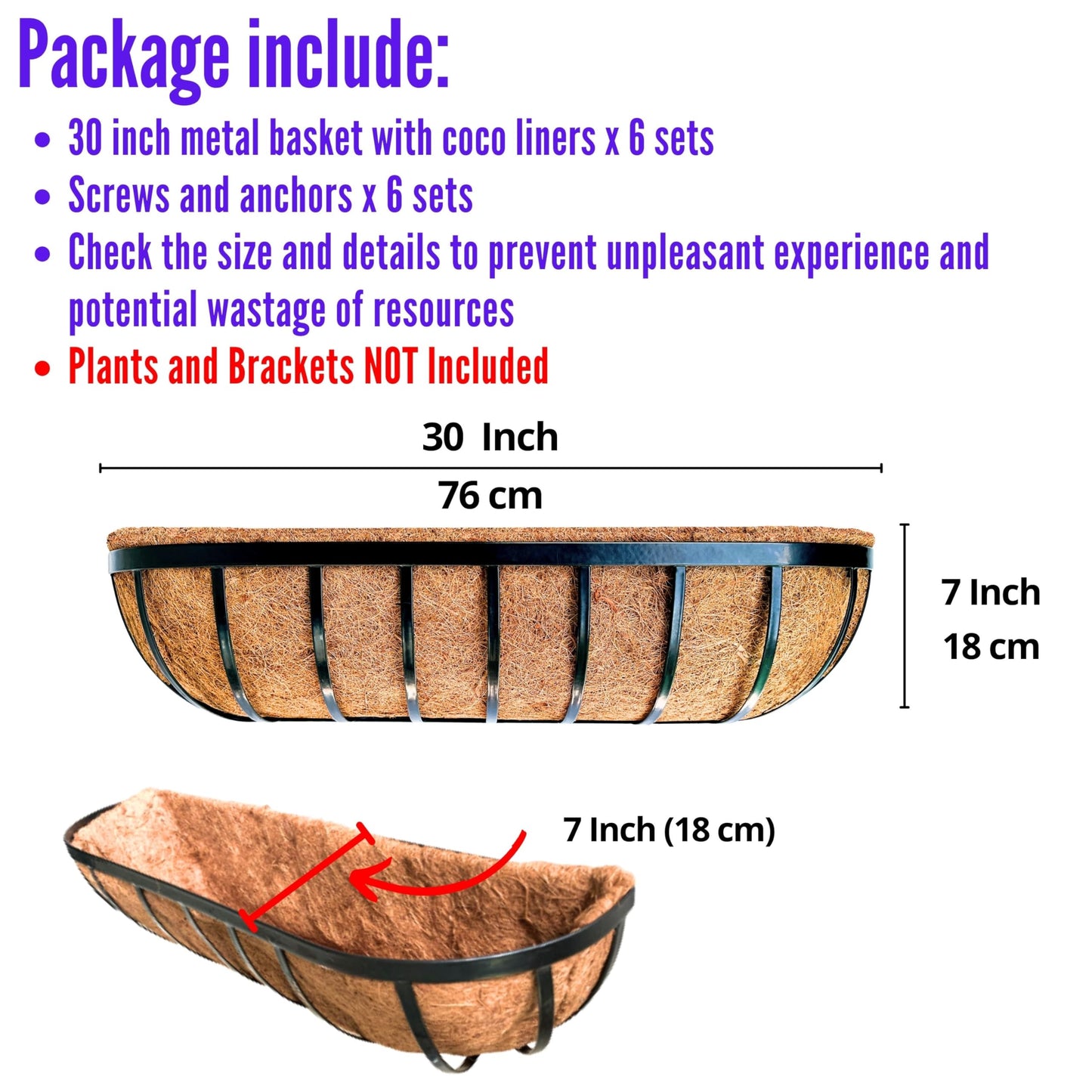LaLaGreen Outdoor Wall Planter - 6 Pack, 30 Inch Large Metal Basket with Coco Liner, Long Window Flower Box Deck Railings Hanging Horse Trough Balcony Plant Pot Garden Fence Balcony Patio Rail