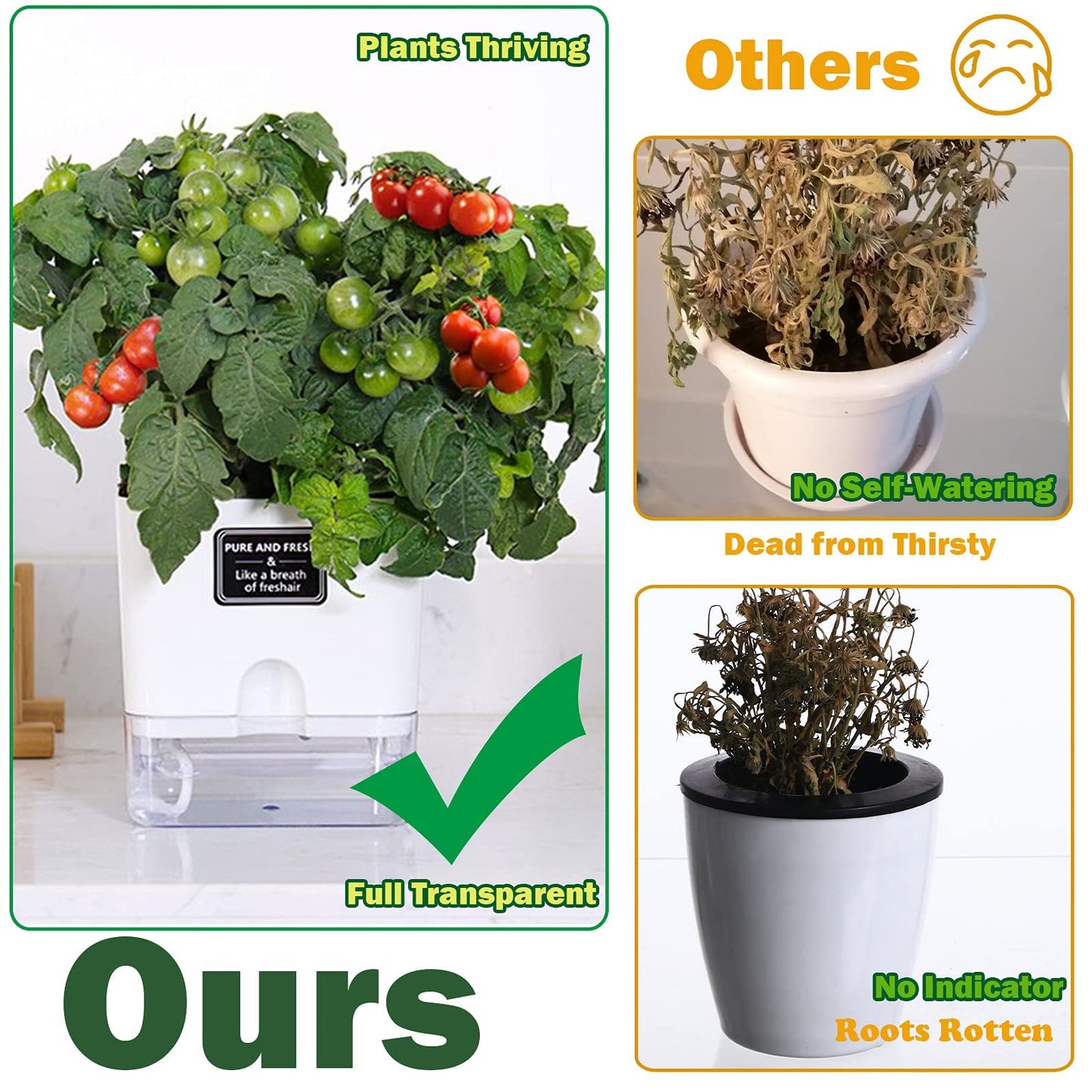 Planterhoma Self Watering Plant Pots for Indoor Plants 7/10 inch, 2 Packs Rectangle Self-Watering Planters with Drainage Hole, White African Violet Pots for Devil's Ivy, Spider Plant, Orchid, Herb