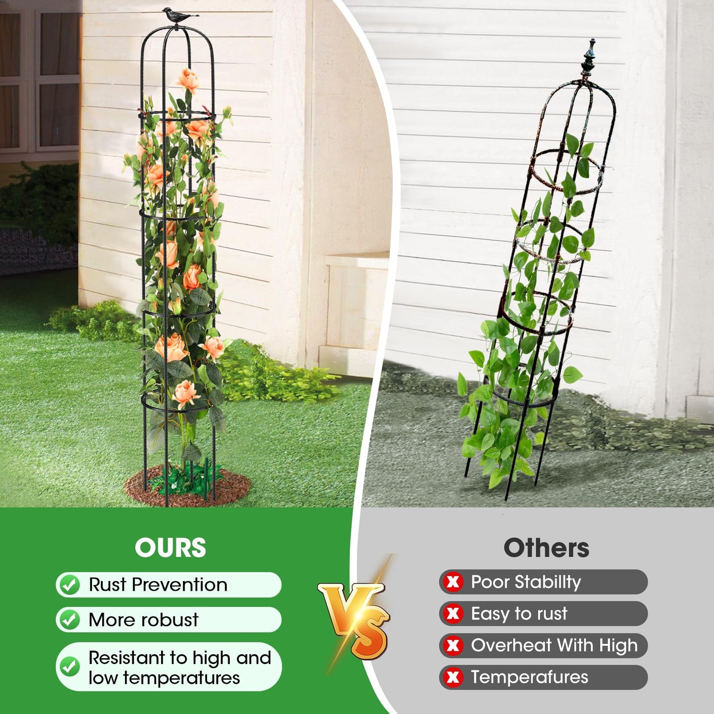 Tower Obelisk Garden Trellis for Climbing Plant，6.2FT/74.4" Rustproof Metal Potted Plant Climbing Support for Indoor Outdoor Flowers Vegetable Fruits Vines Support (2Pcs)