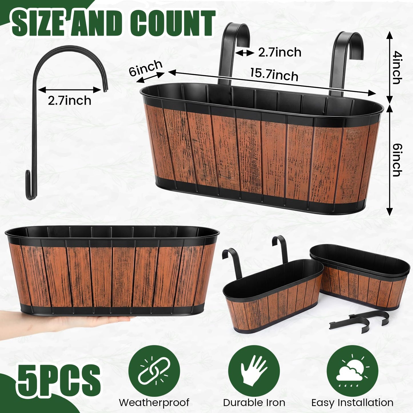 Ferrochef 5 Pcs 16 Inch Metal Hanging Flower Pots for Railing Fence Balcony Railing Planters Countryside Style Window Flower Plant Holder with Detachable Hooks for Garden Yard Fence Home Decor