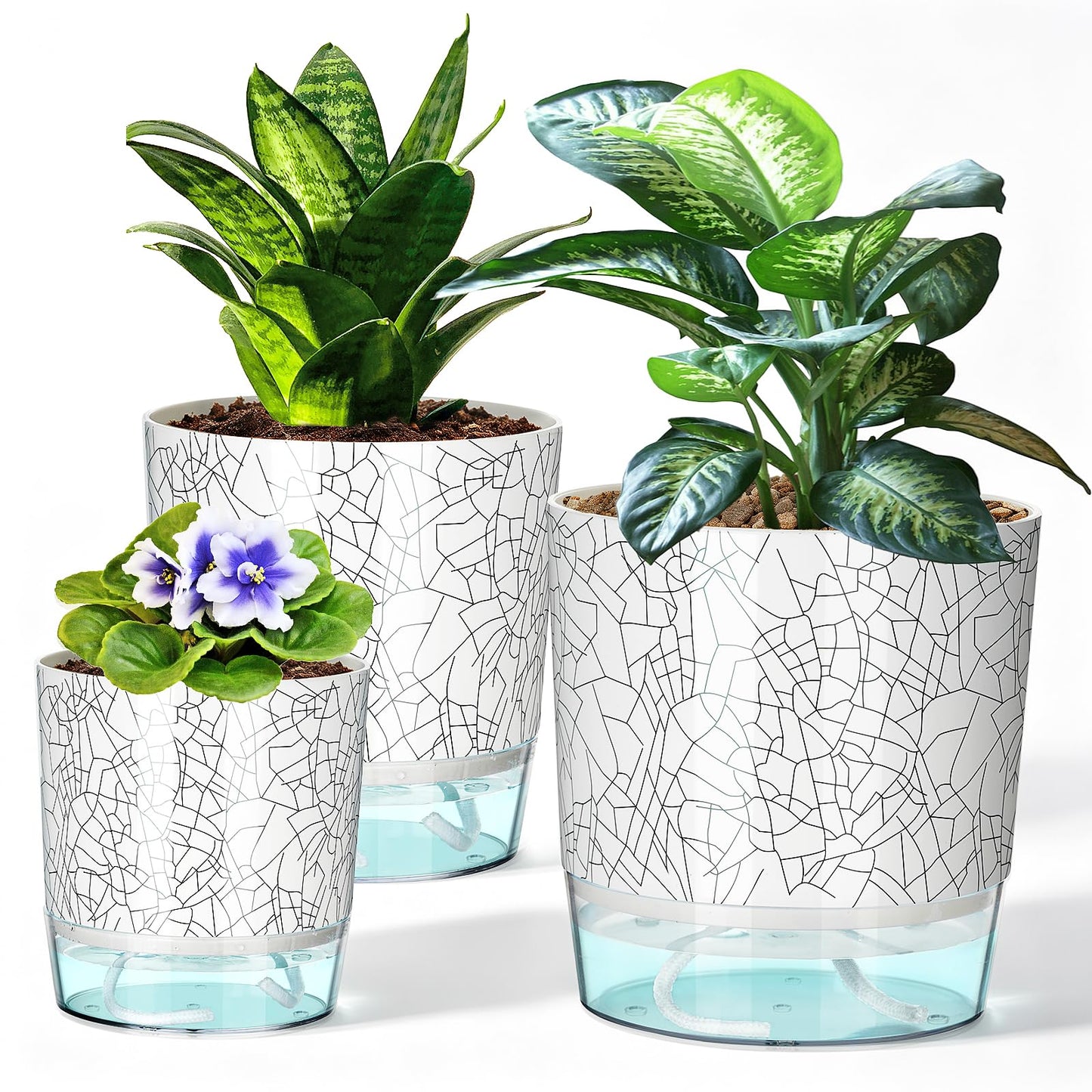 Samhe 3 Pack Self Watering Pots for Indoor Plants, 4+5.5+6.3 Inch Self Watering Plant Pots, Flower Pots with Wick Rope and Reservoir - Crack Texture