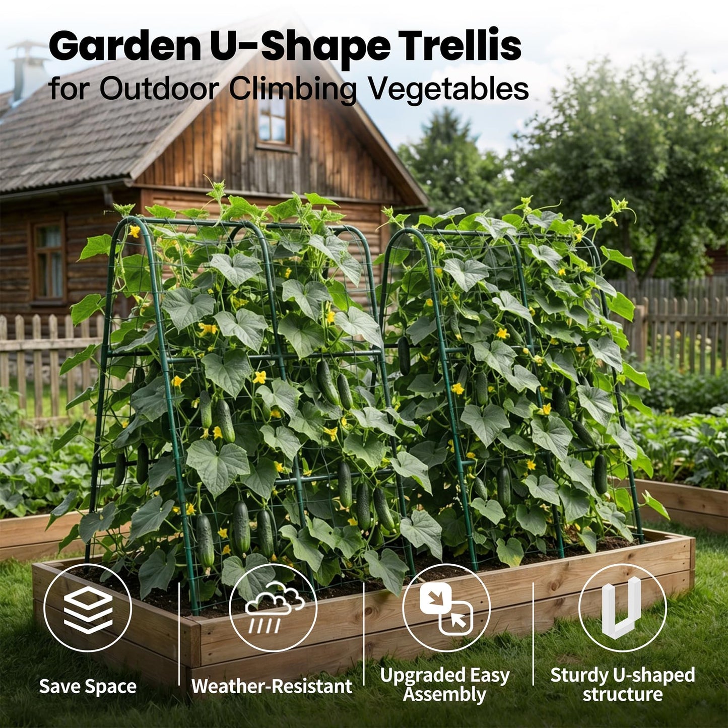 Cucumber Trellis for Raised Bed, Garden Trellis for Climbing Plants Outdoor, Metal Arch Trellis U-Shape Vegetables Support for Tomotoes Grape Vines Beans Peas (Green, 31.5" L x 24" W x 48" H)