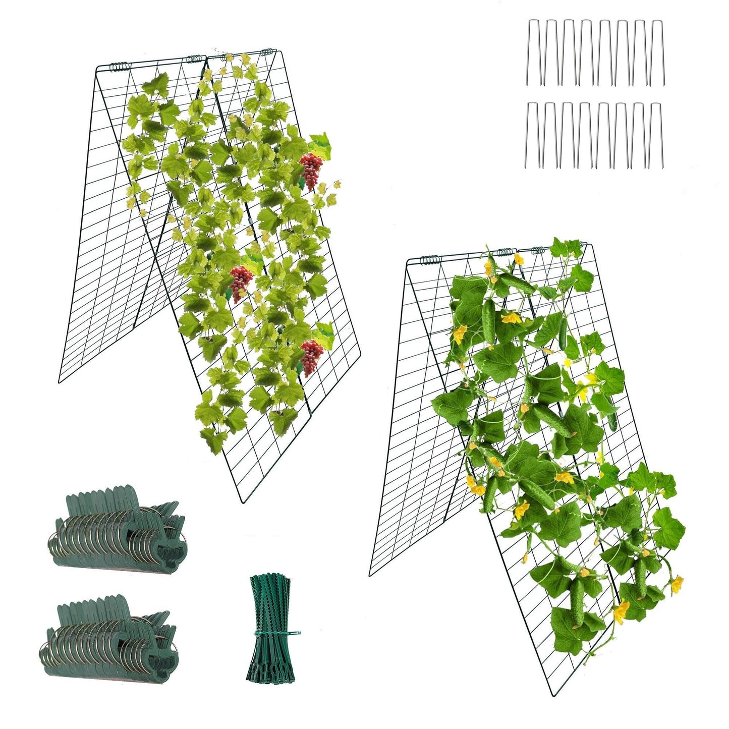 Garden Cucumber Trellis A-Frame Folding Plant Trellis 48 Inch by 34 Inch for Climbing Vegetables Flowers Green 2 Pack with Clips,Cable Ties and Ground Stakes