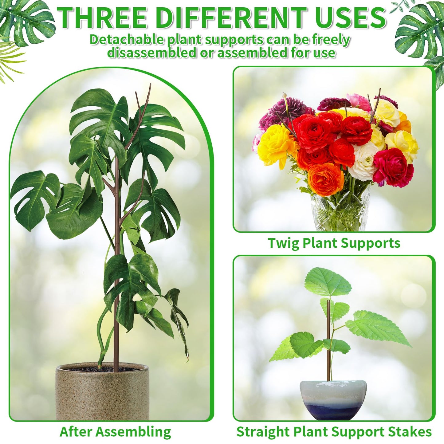 ROADPLUM 4 Pack 27.56" Detachable Twig Plant Support Stakes Set, Blends in to Plant, Branch Plant Sticks with Orchid Clips Twist Plant Ties, Twig Trellis for Indoor Outdoor Plants Potted Plants Flower