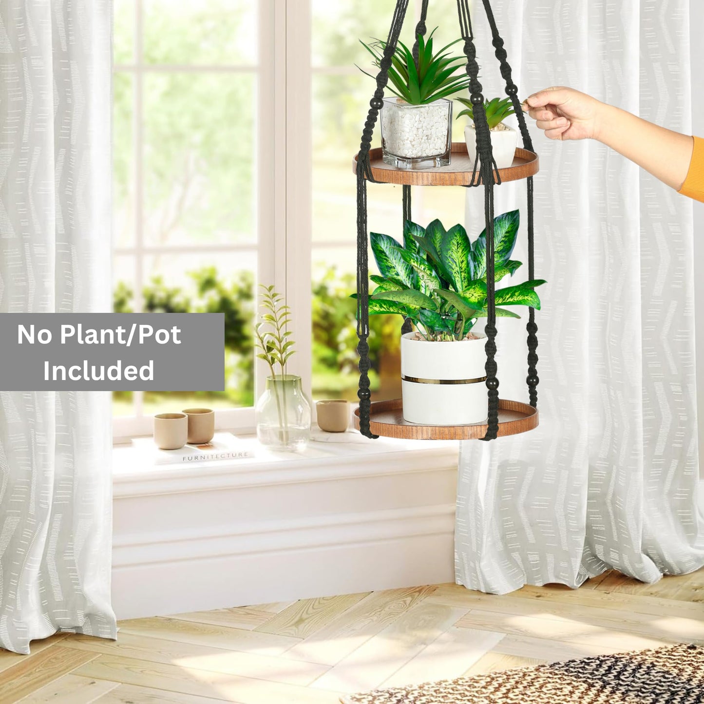Shineloha 2 Tier Macrame Plant Hanger | Plant Hanger Indoor, Hanging Planter | Hanging Planter Shelf (Black) (Large, 12" Shelf)