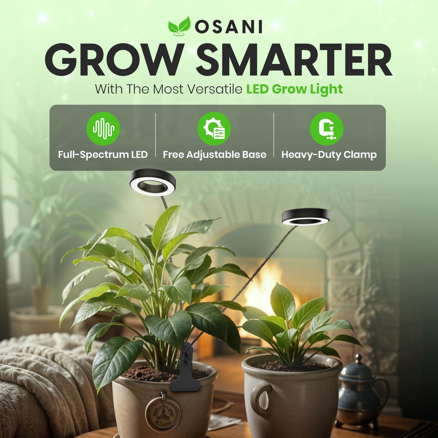 OSANI 24" Gooseneck Long Arm Grow Light, 48" Wide Coverage, 6000K Full Spectrum LED Grow Lights for Indoor Plants with Red Blue LEDs, 10-Level Dimmable, Auto Timer, USB & Adapter, Grow Lights Indoor