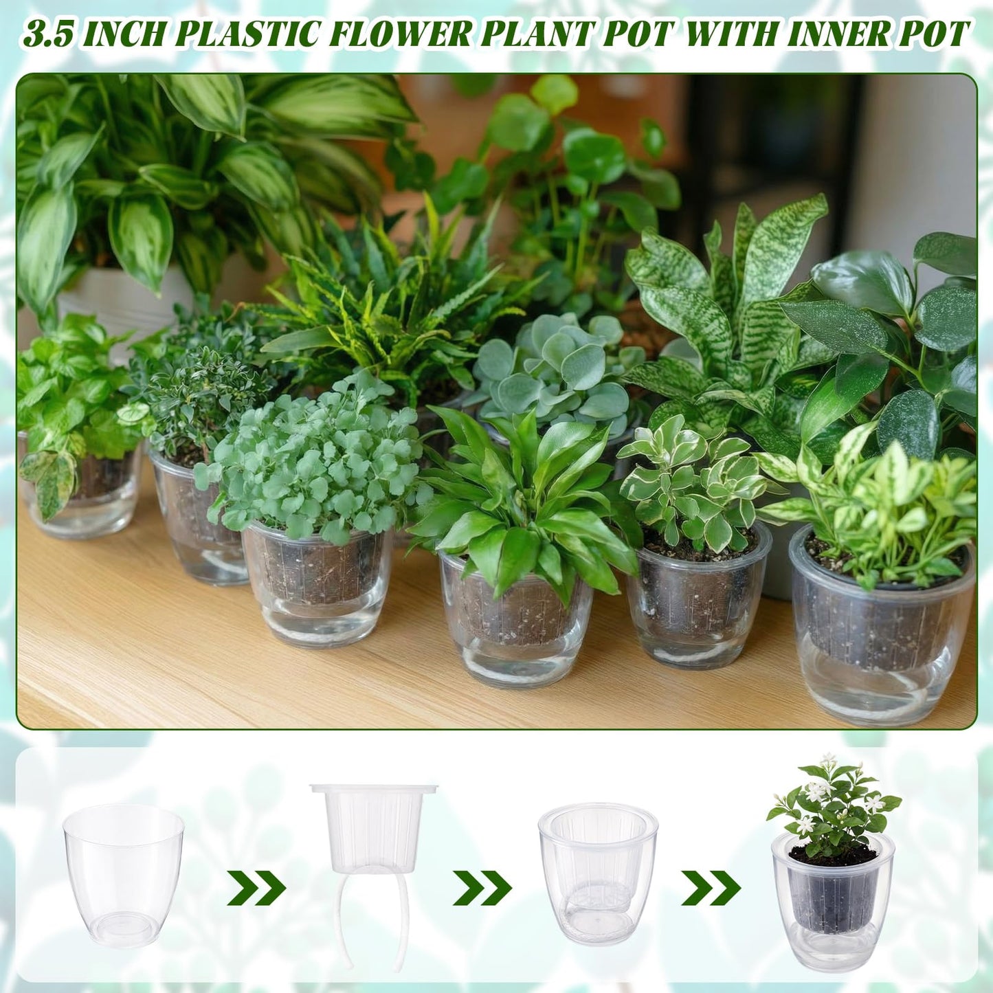 Ferrochef 36pcs Self Watering Pots, Plastic Plant Pot with Inner Pot Self Watering Wick Planter pots for Indoor House Plants, Flowers, Succulents (3.5inch,Transparent)