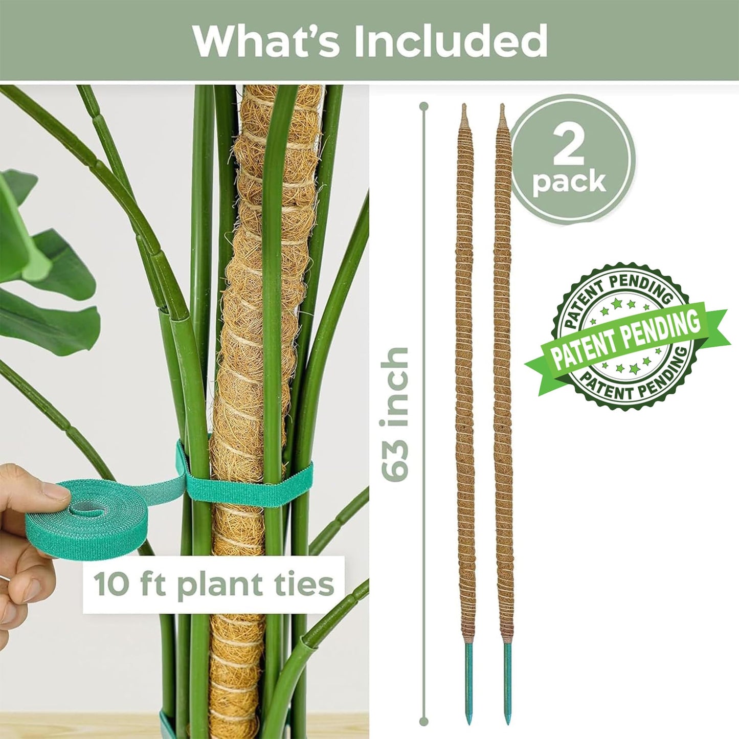 K-Brands 4 Pack Forest Moss Coco Coir Bundle - 2 x 42'' + 2 x 63'' Monstera Plant Support - Moss Poles for Climbing Plants Monstera - Plant Pole Plant Sticks Support