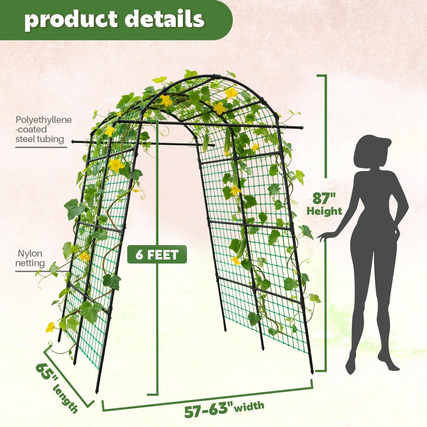 AGTEK 87in Garden Arch Trellis for Climbing Plants, Garden Arches Support Structure, Tall Metal Garden Tunnel Trellises Archway for Climbing Vine, Vegetable, Fruit, Flower, Squash Arbors