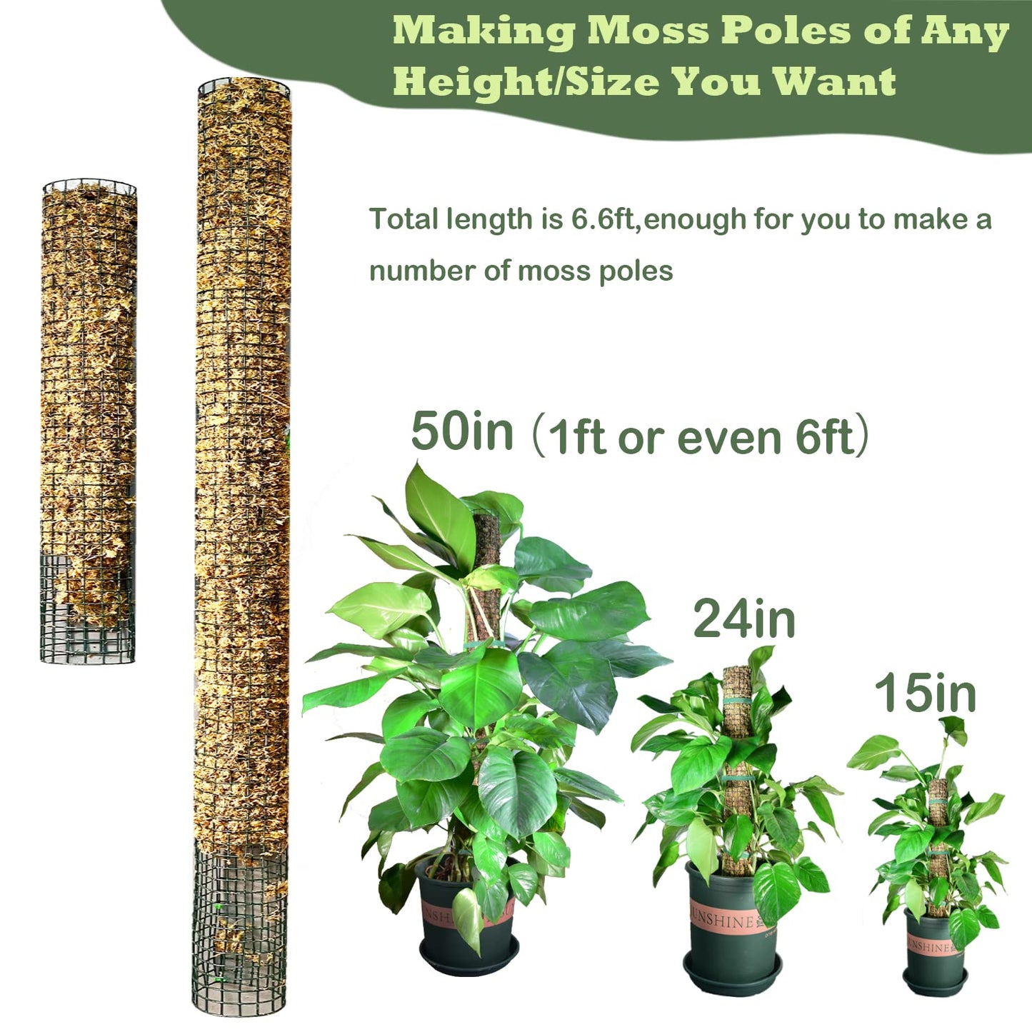 Moss Pole DIY Kit, 6.6/13.2/26.4ft Metal Moss Pole for Plants Monstera, 2Pcs 8.3in×3.3ft Steel Mesh with Plier, Cable Zip Ties, Sphagnum Moss Pole (6.6ft Wire Mesh with Plier)