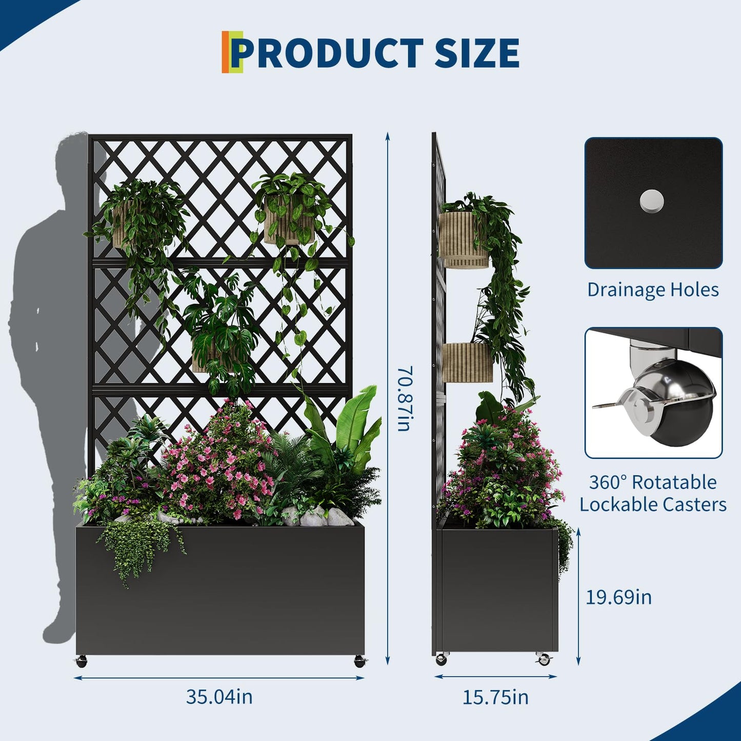 Amenitlif Galvanized Steel Raised Garden Bed with Trellis, Large Outdoor Planter Box with Lockable Casters & Drainage Holes, Privacy Screen Planter for Climbing Plants, 71"X35"X16"