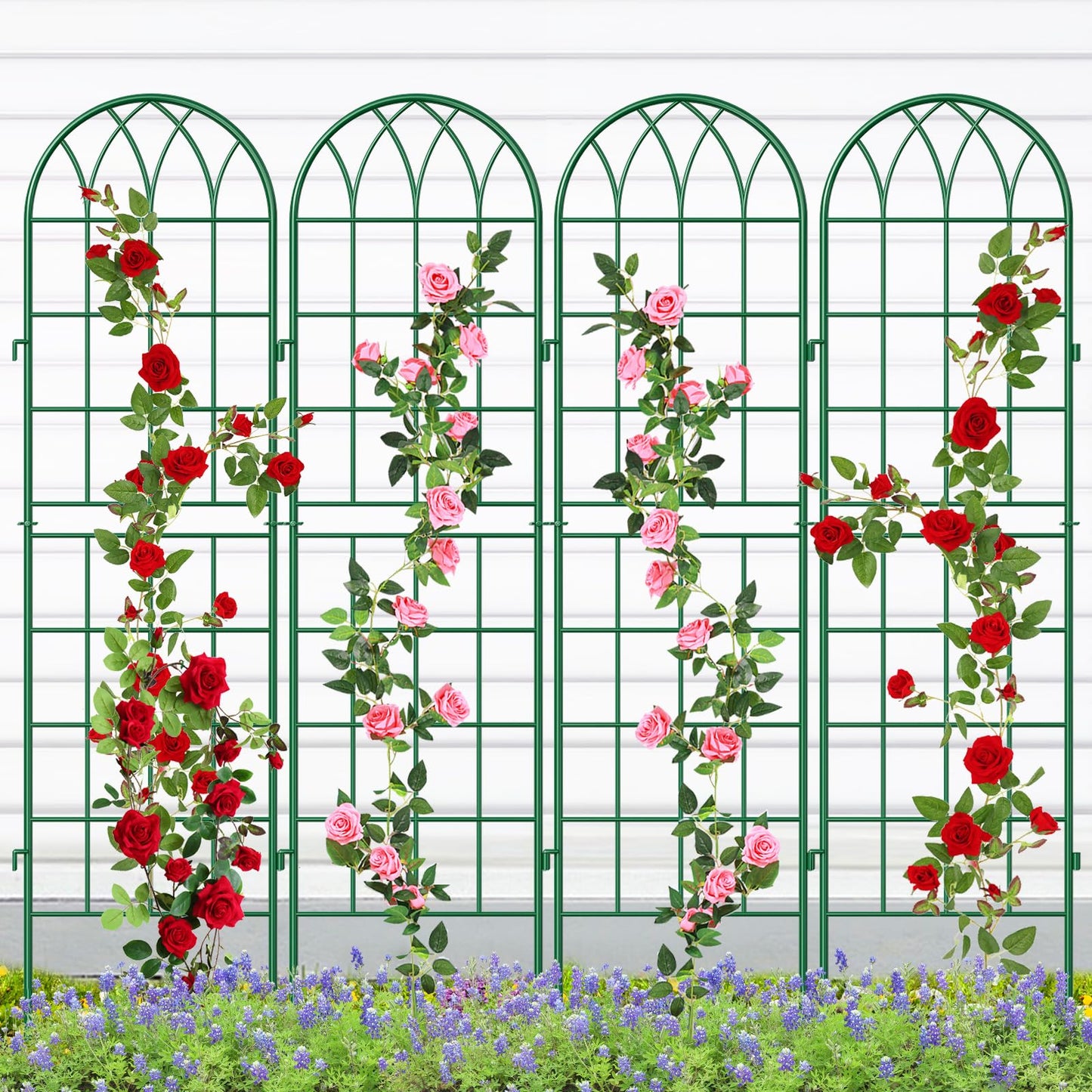SUNYRISY 4Pack Metal Garden Trellis for Climbing Plants Outdoor, 59x16in Metal Plant Support for Flowers Tomato Cucumber Rose Vegetable Garden Courtyards Lawns Decoration, Green