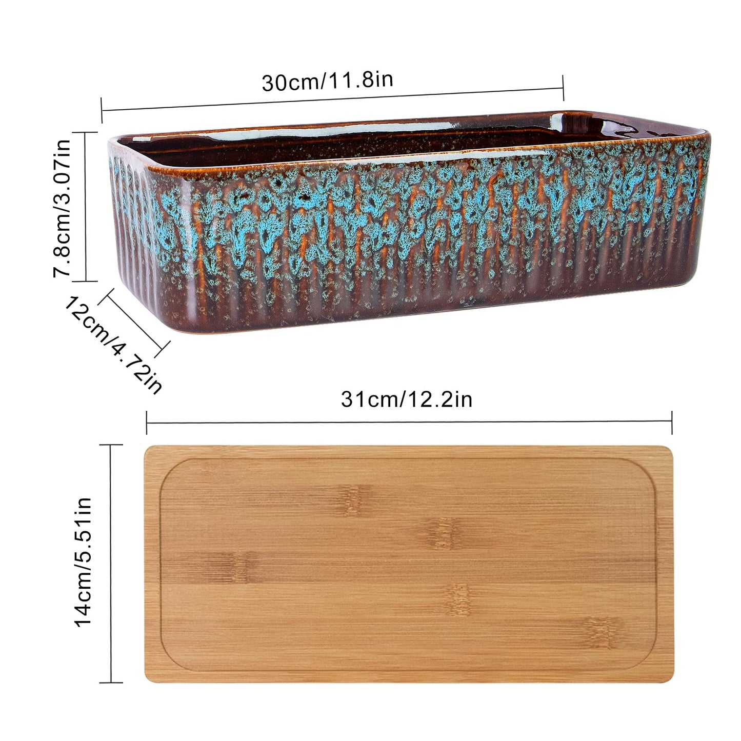 Succulent Pots - 12 Inch Large Succulent Planters with Drainage Tray, Window Sill Planter, Long Rectangle Ceramic Pots for Indoor Cactus Plants Shallow Bonsai Window Box for Home Garden Decor