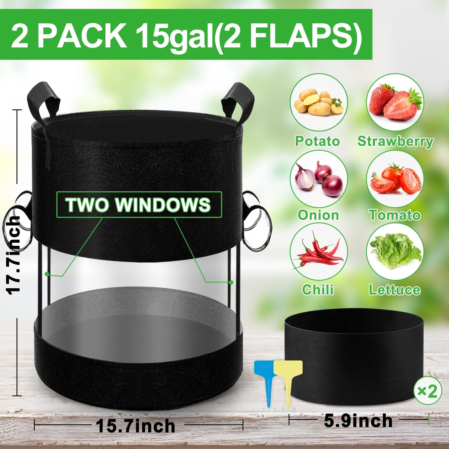 2 Pack 15 Gallon 360°Visible Potato Grow Bags,Heavy Duty Thickened Nonwoven Fabric Planter Bags with 2 Clear Harvest Windows&Removable Shading Cover,Reinforced Handles,Vegetable Grow Bags with Labels