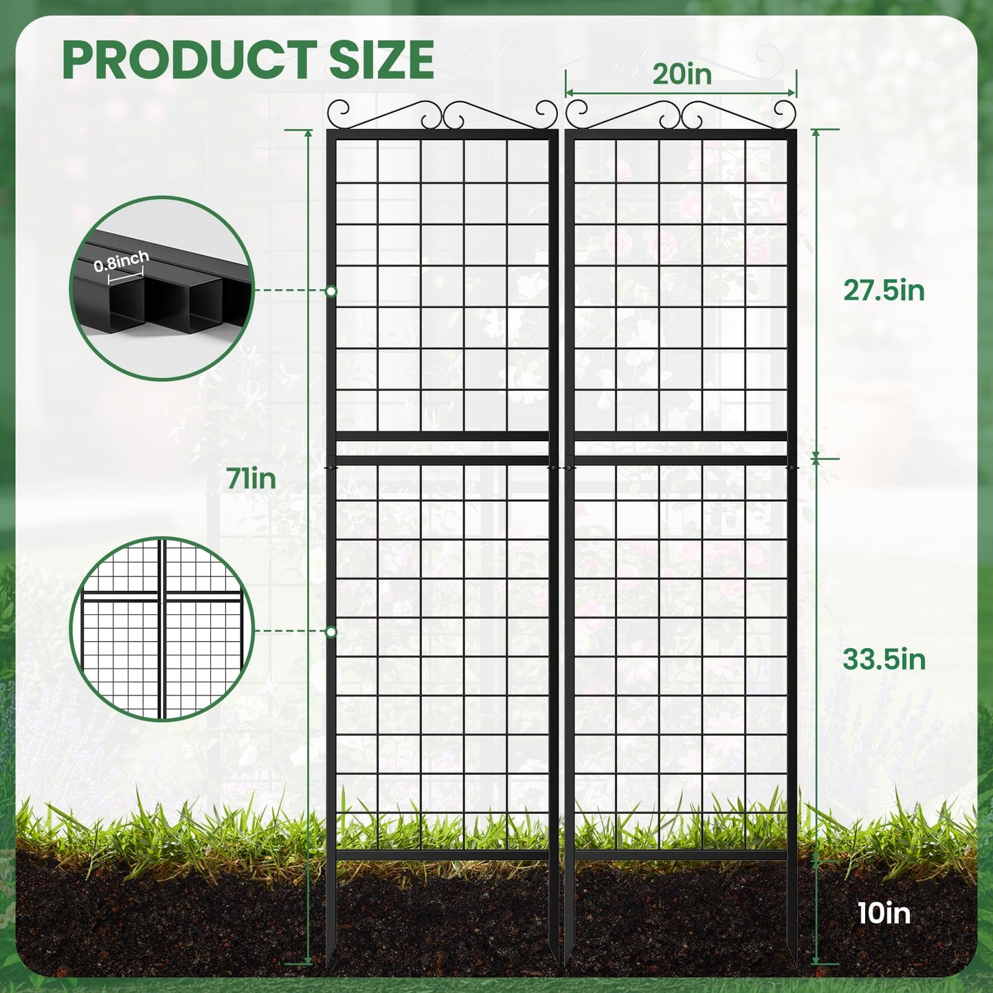 2 Pack 71 Inch Metal Garden Trellis for Climbing Plants, Thickened Square Tube Metal Garden Trellis for Vines Plant Rose Vegetable Support,Large Decorative Outdoor Trellis