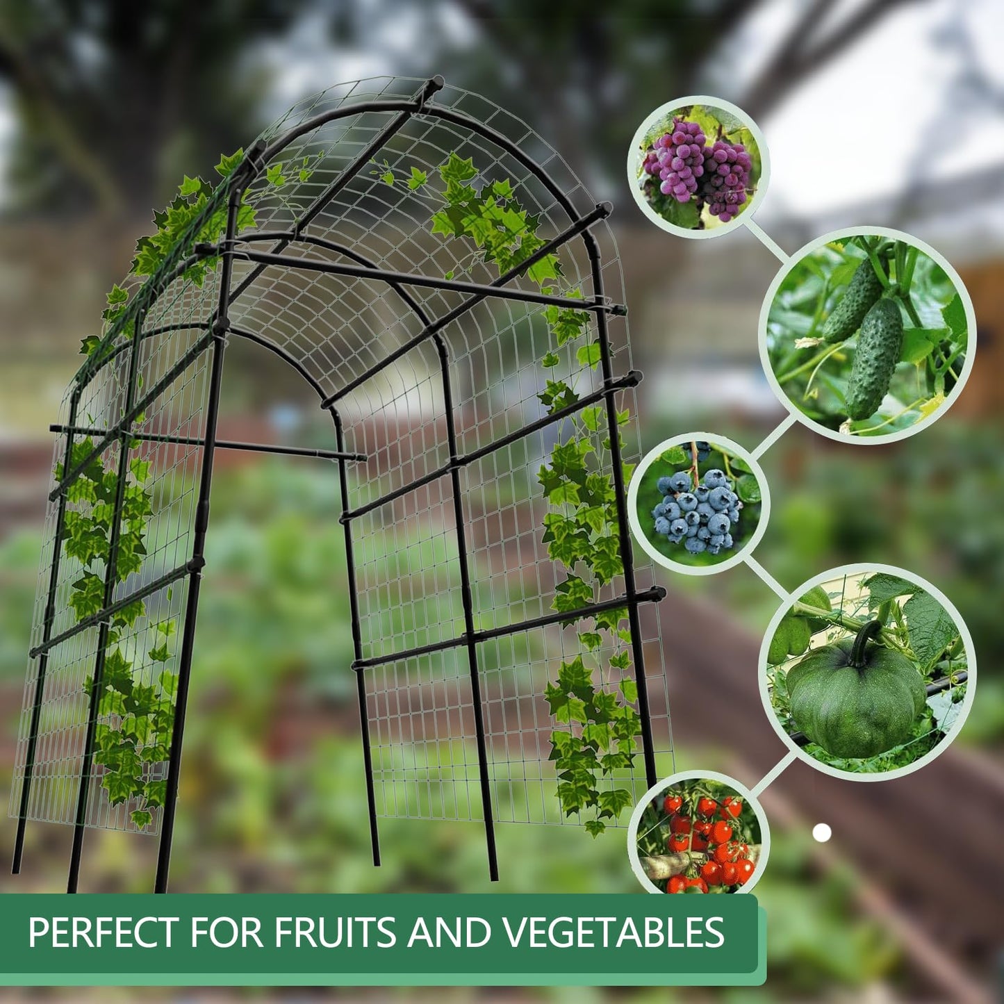GarveeLife 7.5FT Metal Garden Arch Trellis with Netting, Adjustable 35"–45" Arbor for Climbing Plants, Roses, Grapes & Vegetables, Weatherproof Steel Pergola with Ground Clips, Easy Fold-Out Assembly