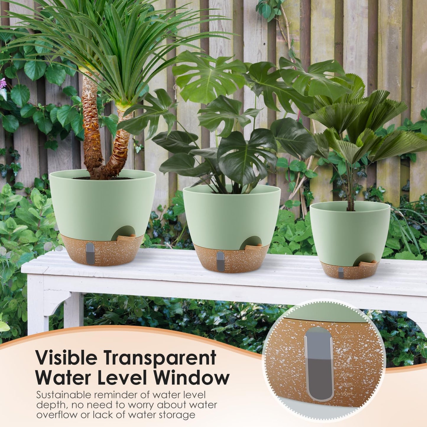 QRRICA Self-Watering Plant Pots with Water Level Indicator, Drainage Holes & Saucers – 12/10/9 Inch Large Plastic Planter Set for Indoor & Outdoor Plants (Green)
