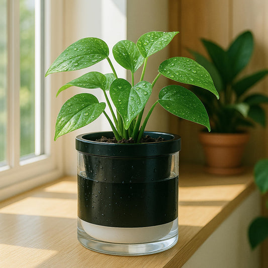 D'vine Dev 6 Inch Design Self Watering Planter for Indoor Plants, Black Terracotta Pot with Cylinder Glass Cup, Set of 2, 37-Y-B-3