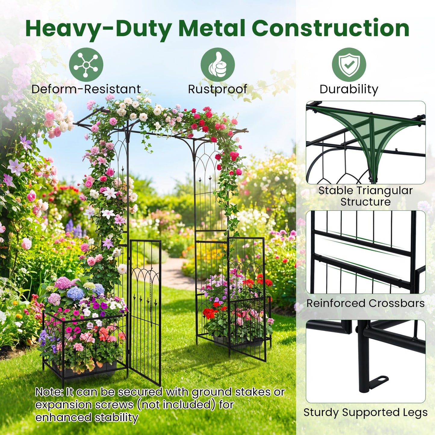 Giantex Garden Arbor with Gate and Planter, 79" W x 81" H Metal Arch Trellis with Double Doors, Outdoor Archway for Climbing Plants, Weddings, Backyard, Patio, Lawn, Ceremony Party Decoration