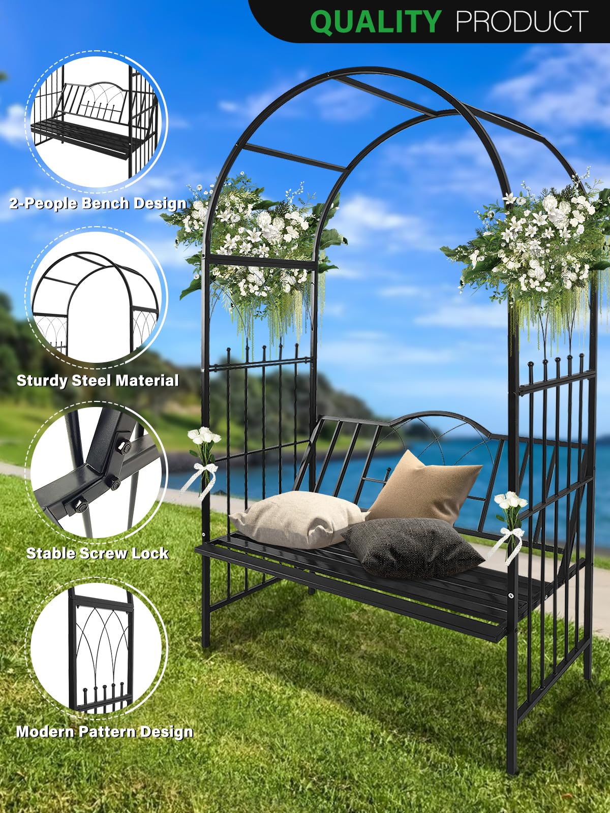 Kalolary Garden Arch with Bench, Heavy Duty Metal Garden Arbor for Climbing Plant & Bench Vines Climbing Support for Lawn Yard Patio Decor (81"x45")