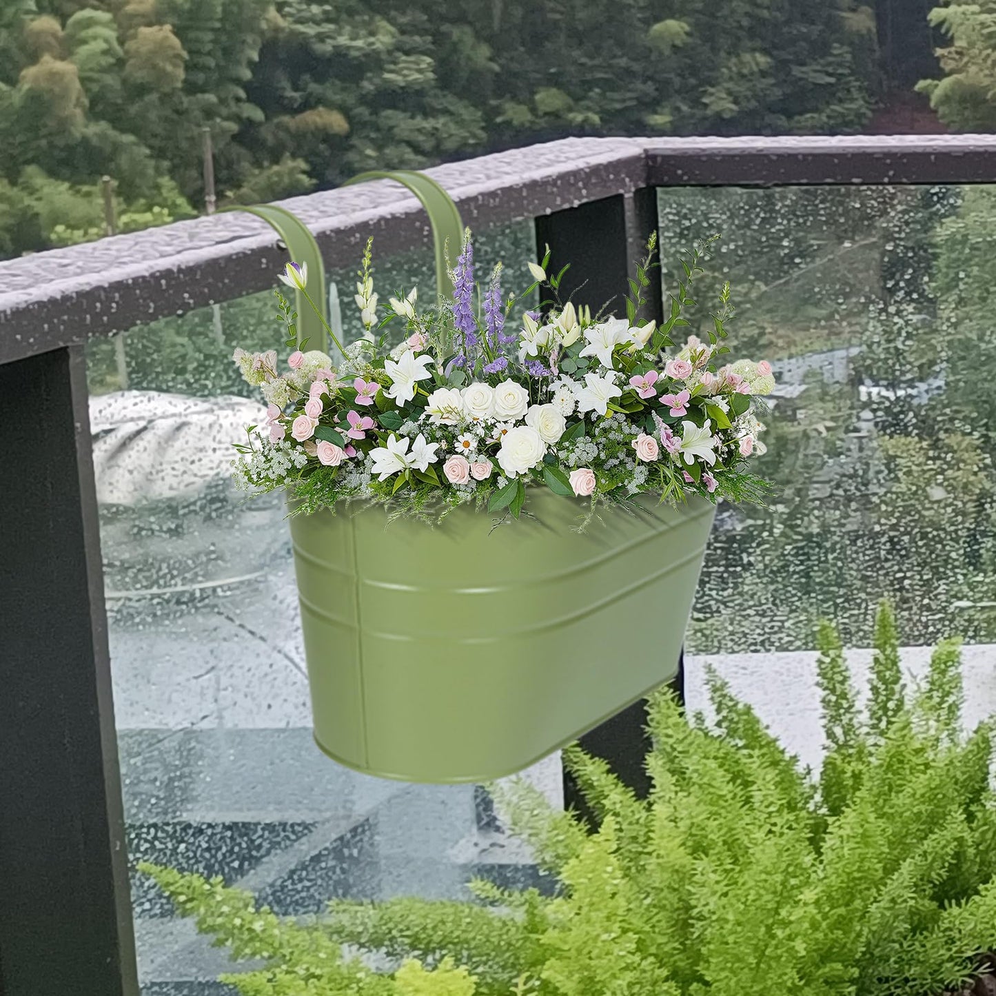 HowRU Metal Iron Flower Pots for Railing Fence Hanging Bucket Pots(5 Pcs) and Hanging Flower Pots Metal Iron Bucket Planter(10 Pcs) (Green)