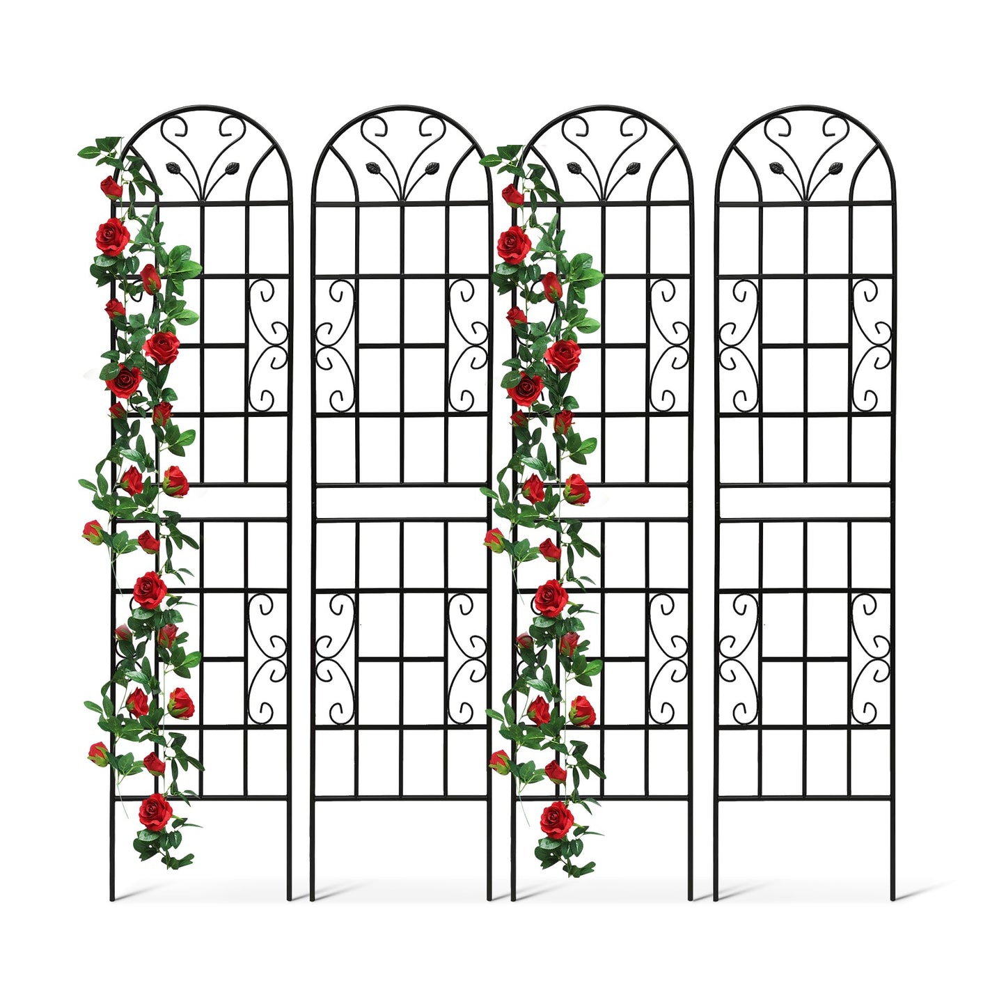 4 Pack Metal Garden Trellis 86.7" Tall Outdoor Climbing Plant Support for Roses, Flowers, Rustproof Durable Black Galvanized Tube, Lawn Garden Fence Decor Screen (4, Black curves-86.7" H)