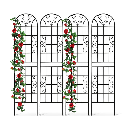 4 Pack Metal Garden Trellis 86.7" Tall Outdoor Climbing Plant Support for Roses, Flowers, Rustproof Durable Black Galvanized Tube, Lawn Garden Fence Decor Screen (4, Black curves-86.7" H)