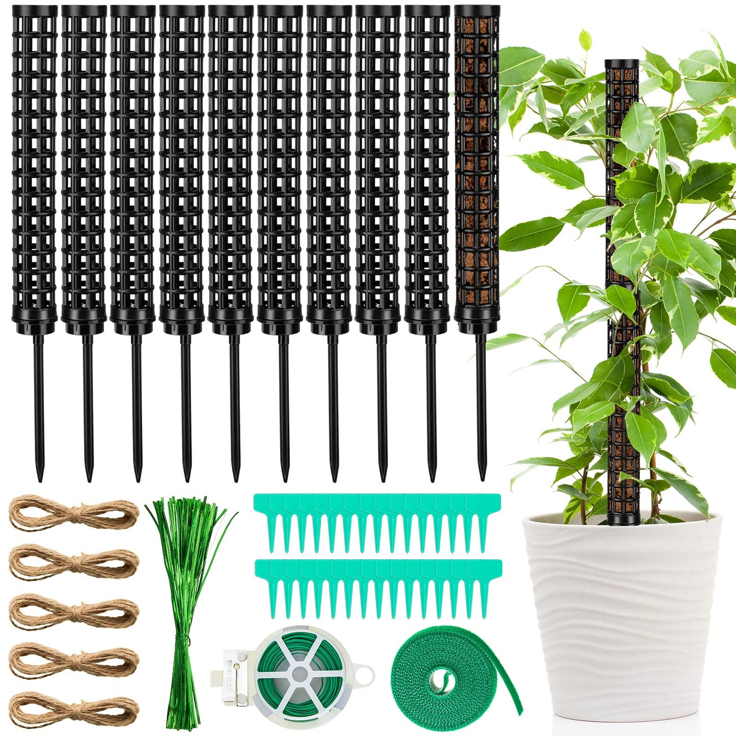 10 Set Plastic Moss Poles for Climbing Plants Indoor Stackable Self Watering Hollow Monstera Plant Support, Moss Not Included(Black)