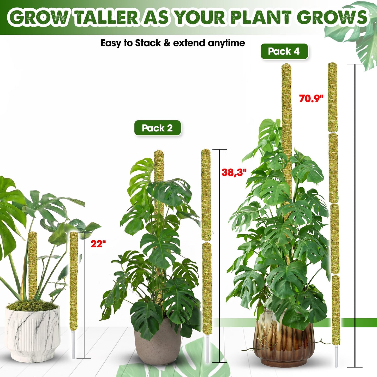 DUSPRO Natural Stackable Moss Pole for Plants Monstera Potted Plant Stakes for Indoor Plants Extendable Plant Pole Moss Sticks for Plants Climbing Vine Supporting Monstera Trellis 4Pcs 22''