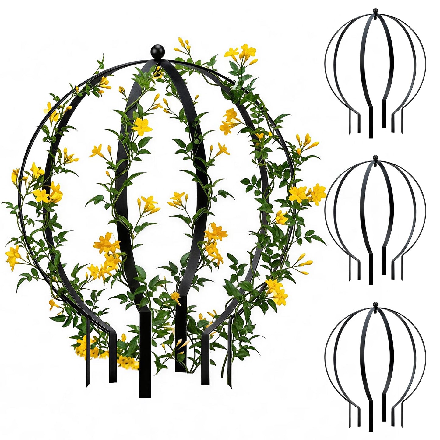 HEYTIMI 4 PCS Large Metal Round Trellis for Climbing Plants, Heavy Duty Thick Rustproof Obelisk, Garden Sphere Frame for Potted Roses Vines, Outdoor Garden Decor, Easy Assembly (25.2" x 21.3")