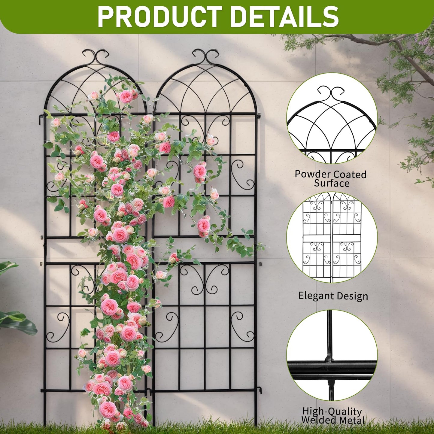 Outvita Garden Trellis for Climbing Plants, 2 Pack 5 Ft Large Decorative Outdoor Cucumber Trellis, Rust Proof Metal Vegetables Flowers Support for Tomatoes, Vines, Roses(Grid Pattern)