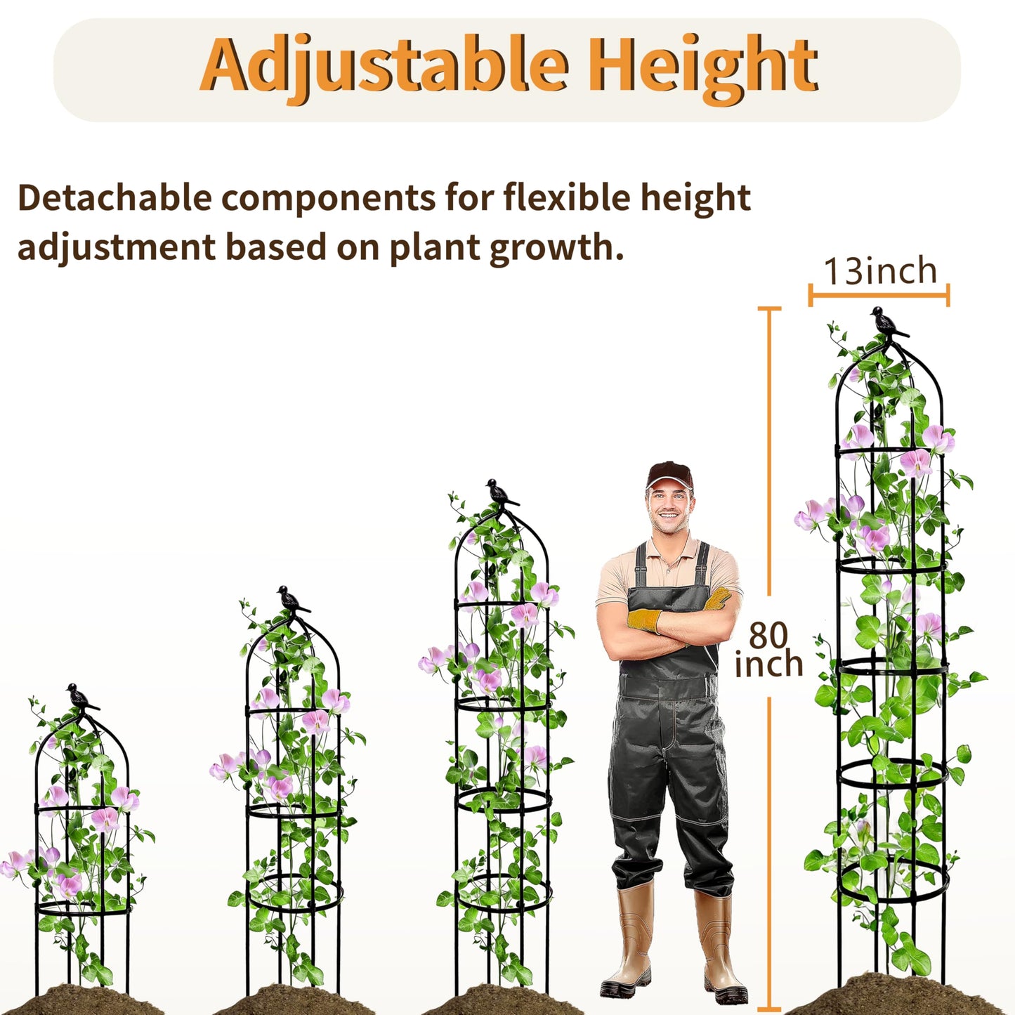 SORANGEUN 1 Pack Garden Obelisk Trellis for Climbing Plants Outdoor, 6.7FT Adjustable Metal Plant Support with 3 Decorative Tops, Black Rustproof Trellis for Roses, Tomatoes, Clematis & Vines
