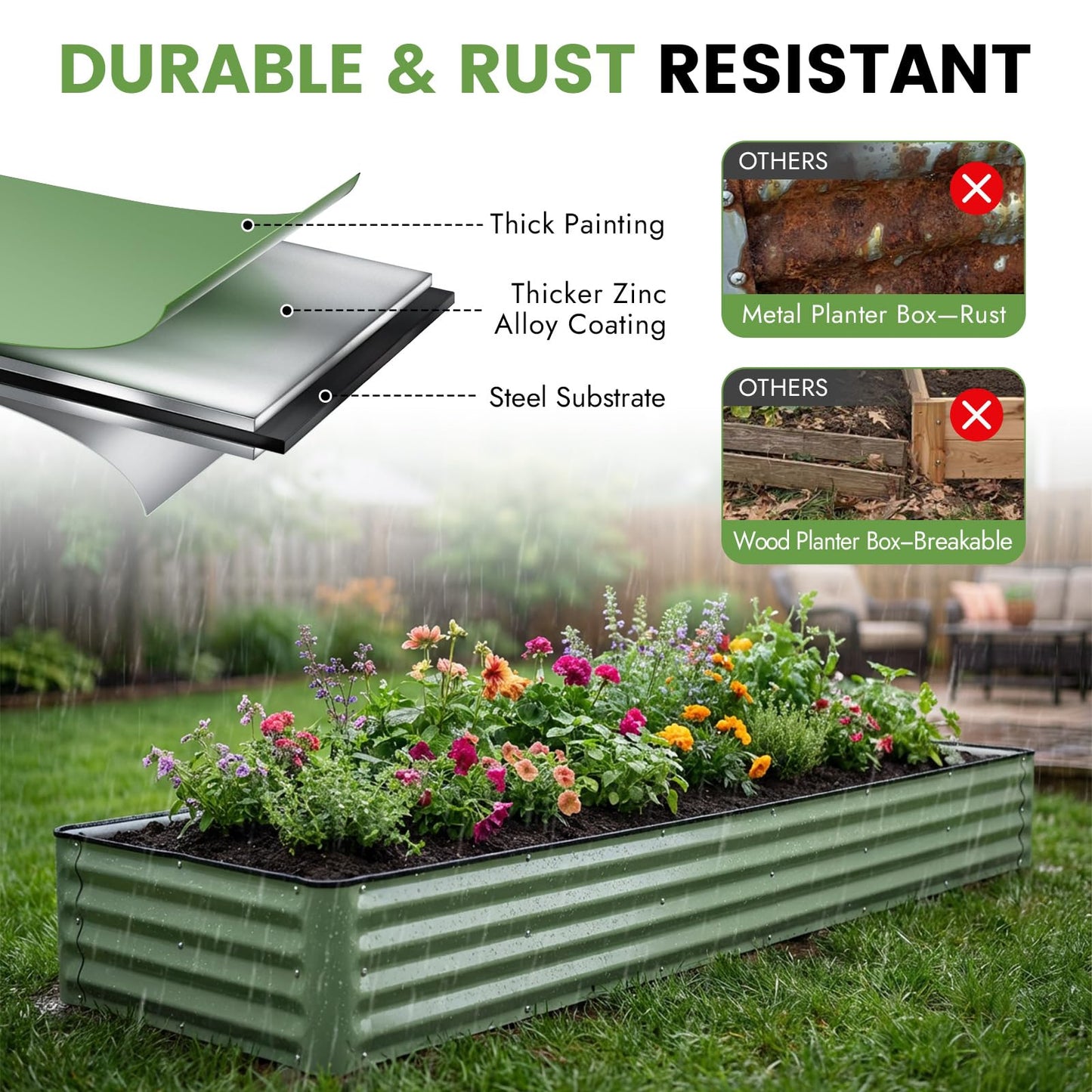 INNO STAGE Galvanized Raised Garden Bed Kits, 8x2x1ft Metal Raised Garden Beds Outdoor, Large Steel Raised Planter Bed with Gloves for Vegetables & Flowers Patio Ground Planter Box (Olive Green, 1PC)
