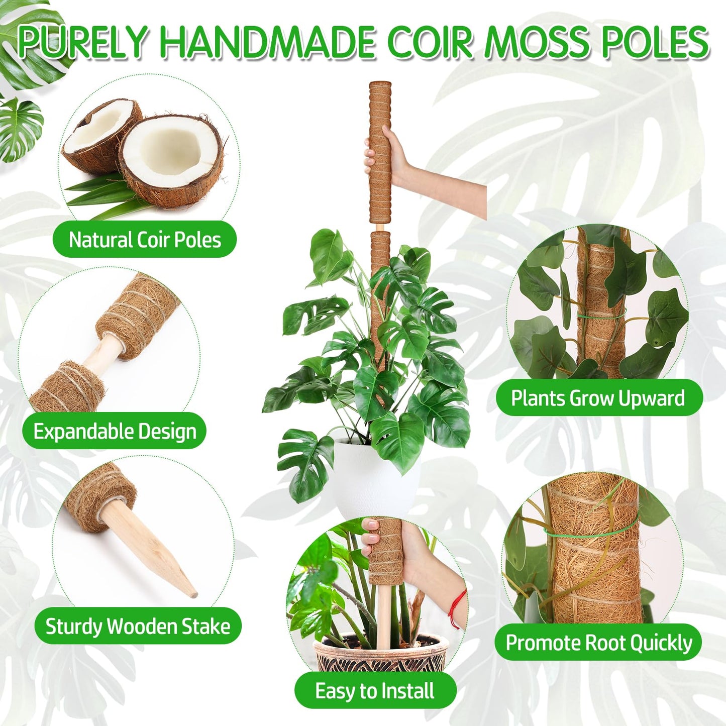 ROADPLUM 4 Pack 21.7" Coco Coir Poles, Stackable Plant Stakes Moss Pole for Plant Monstera with Twist Ties Plant Ties Labels Jute Rope, Plant Sticks Support for Climbing Plants Growth Indoor