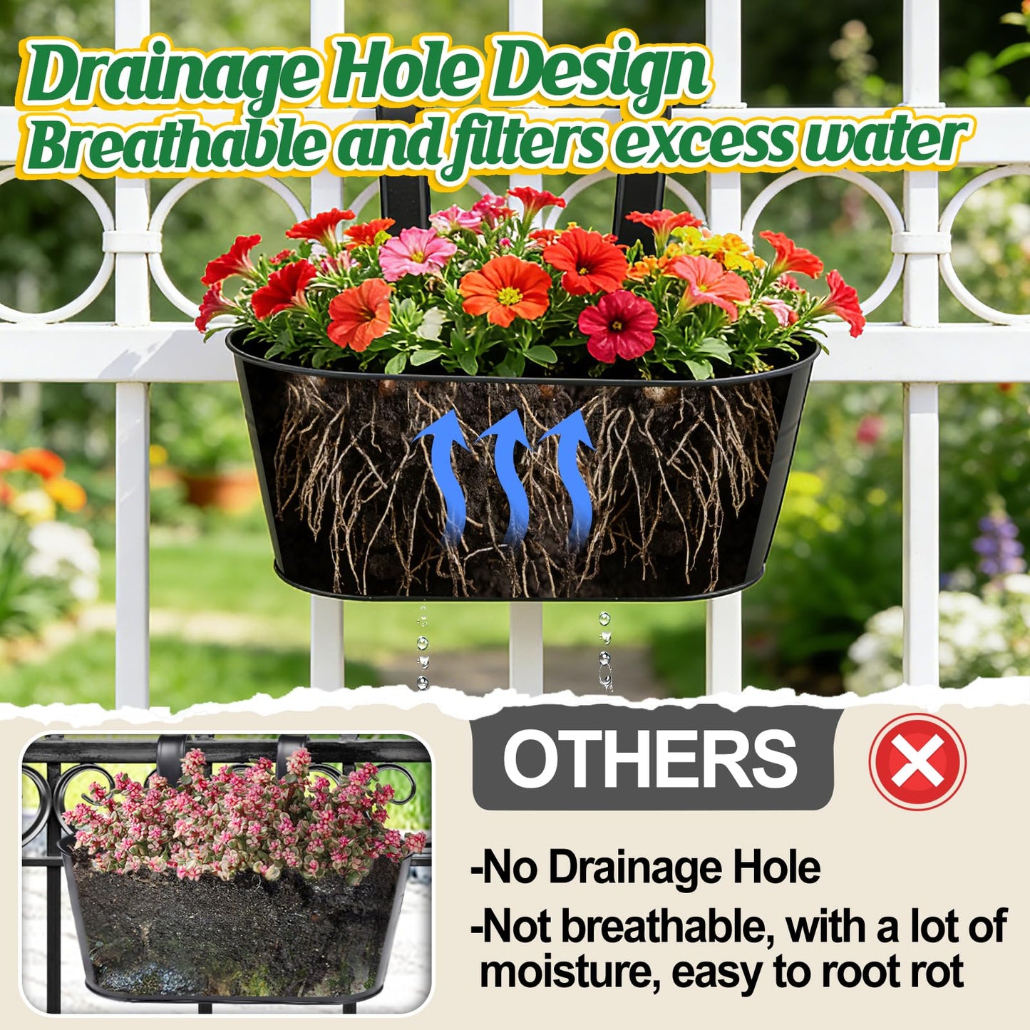 MADHOLLY Railing Planter with Drainage Holes - Sturdy Bucket Pots for Railing Fence, Countryside Style Metal Flower Pots for Herbs Balcony Garden Yard Decor, 2Pcs, Black