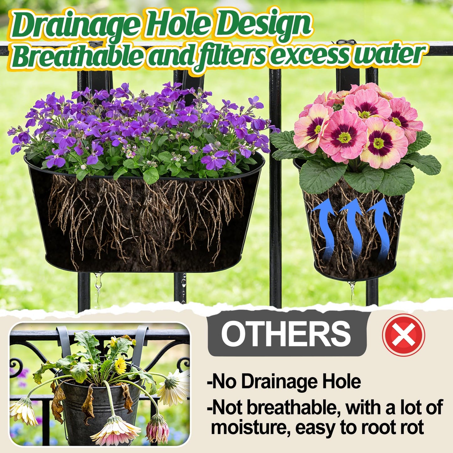 MADHOLLY Railing Planter with Drainage - 10.8" & 5.1" Bucket Pots for Balcony Railing, Metal Iron Hanging Flower Pots for Herb Planter Outdoor Deck & Rail Decor with Hook, Black (3Pcs)