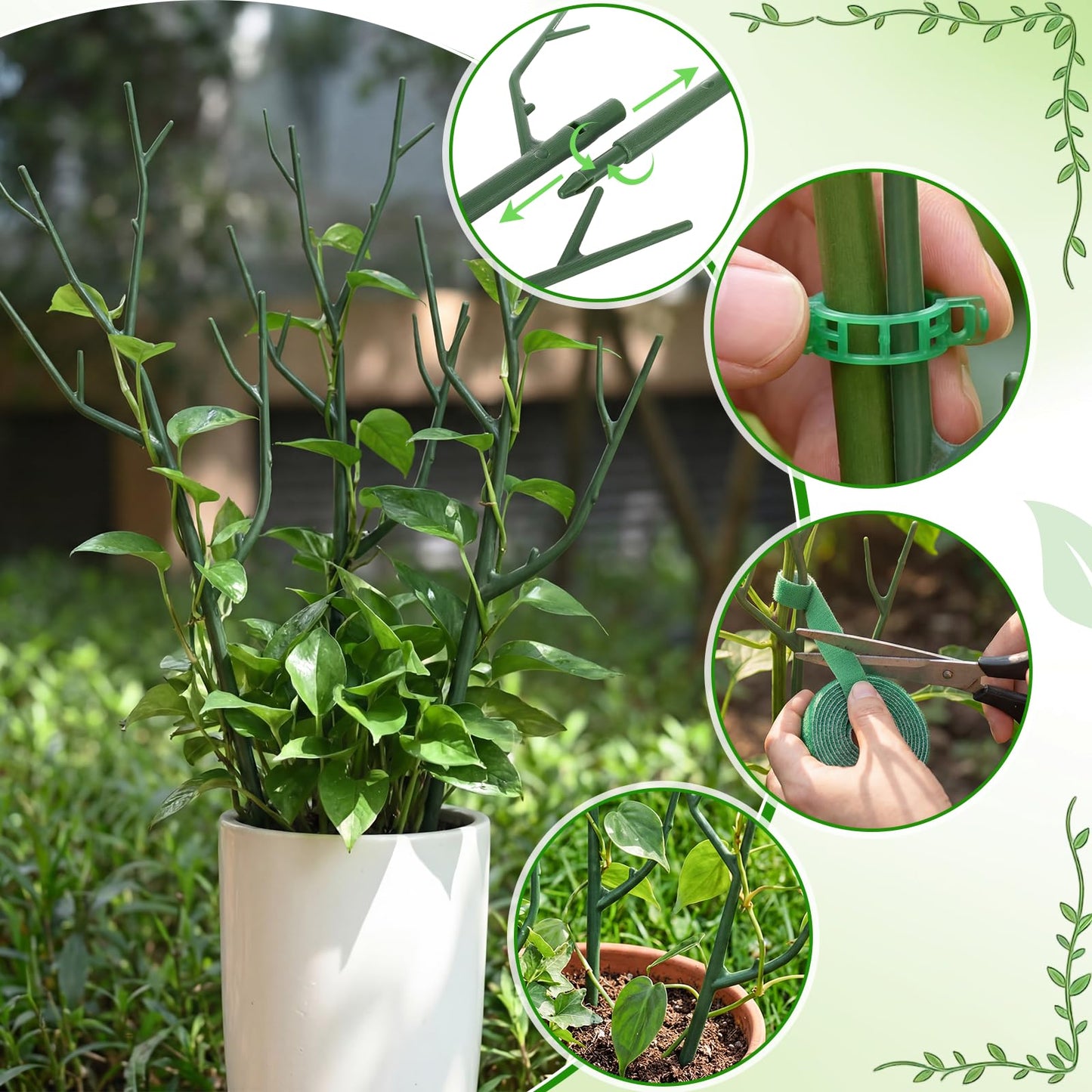SiliFine 24 Pack Stackable Monstera Plant Support Stakes up to 39.5 Inch Adjustable Plant Support Stakes with 12 Clips and Ties for Indoor Outdoor Plants Sticks Tall Pothos Climbing