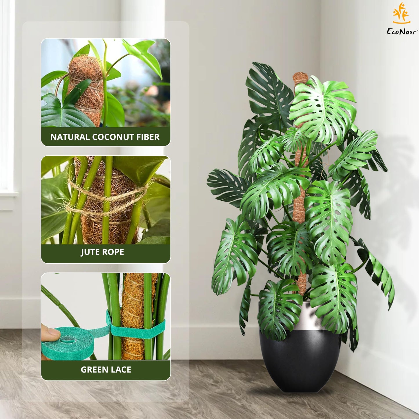 EcoNour Moss Pole for Plants – 28 inches (4 Pack) | Monstera Plant Support for Plant Climbing and Growth | Elevate Your Indoor Garden, Plant Support for Indoor Potted Plants to Grow Upwards