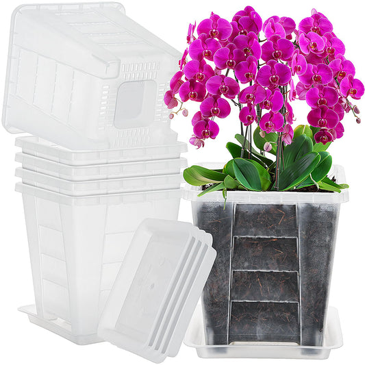 KIMERSE Square Orchid Pot, Clear Flower Pot 6 Pack 7.5 Inch, Root Control Planting Pots with Tray, Plastic Plant Pot for Home Balcony Orchids, Water Moss, Spider Plants