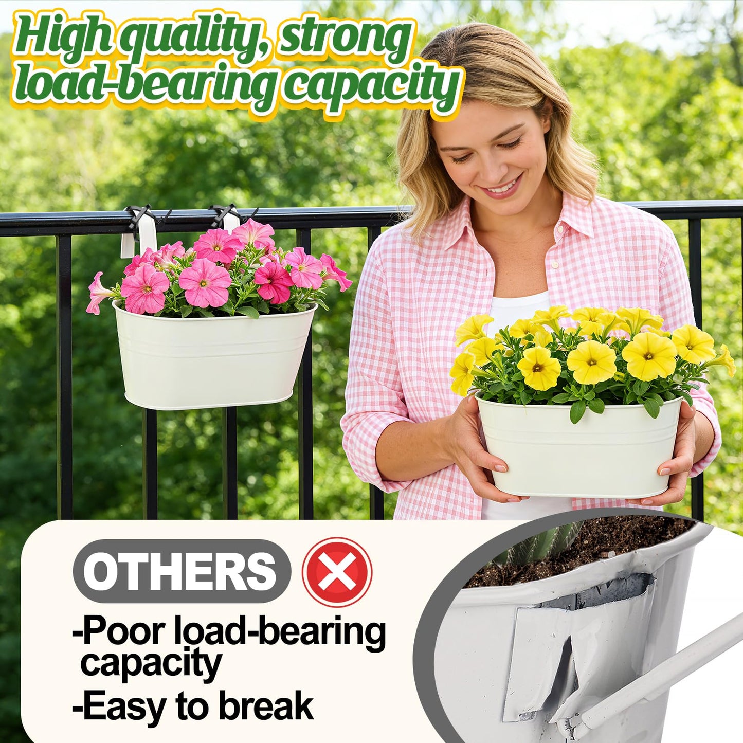 MADHOLLY Railing Planter with Drainage Holes - Sturdy Bucket Pots for Railing Fence, Countryside Style Metal Flower Pots for Herbs Balcony Garden Yard Decor, 4Pcs, White