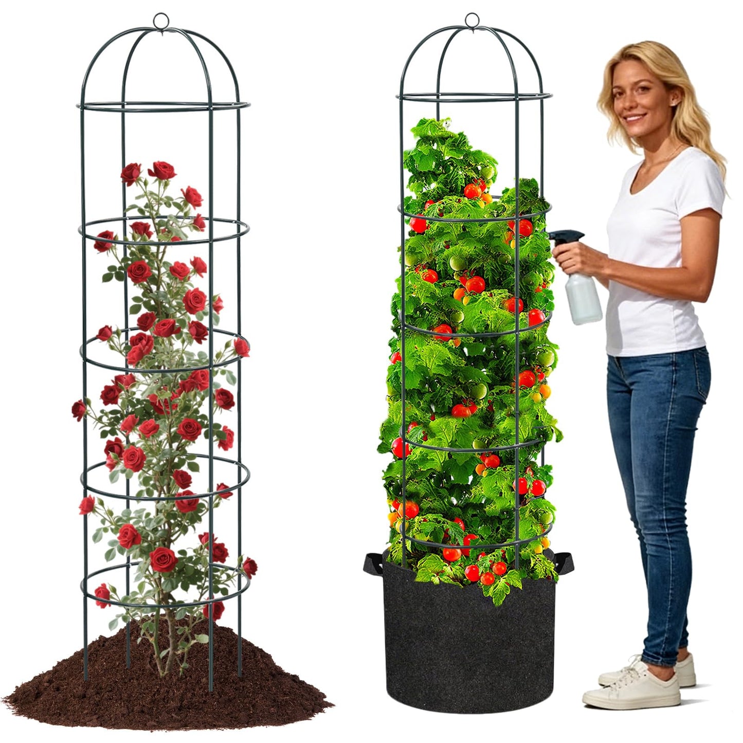 Large Trellis, Garden Obelisk Trellis for Climbing Plants Outdoor, 69" Metal Trellises for Tomato Cucumber Clematis Rose Vine Support, Heavy Duty Round Cage Stand for Grow Bag Raised Bed Yard, 2 Pack