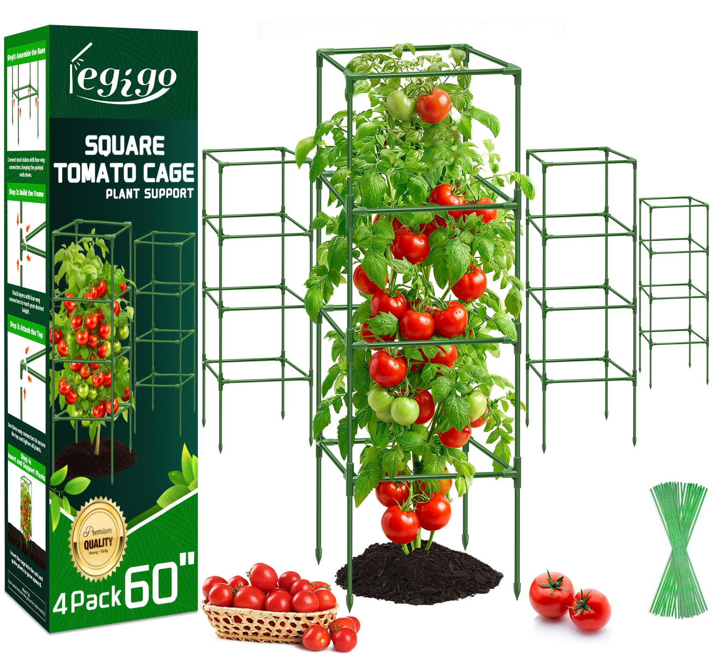 Legigo 4 Pack Square Tomato Cages- 60 Inch Heavy Duty Tomato Trellis for Climbing Plants Outdoor, Tomato Plant Support Stakes Cage Garden Trellis for Garden Raised Garden Bed Cucumbers Vegetables