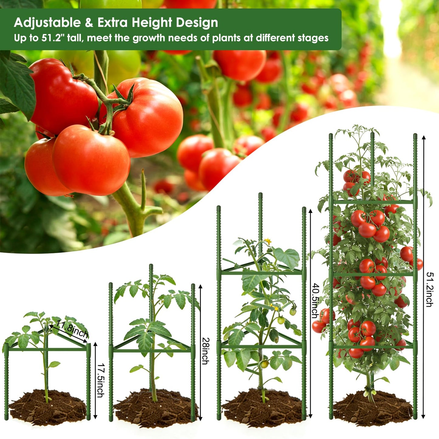 CEWOR Tomato Cage - 3 Pack Tomato Cages for Garden, Up to 51.2" Tall Tomato Trellis Plant Support Garden Stakes, Adjustable Vegetables Structures for Pots, Raised Garden Bed, Climbing Plants Outdoor
