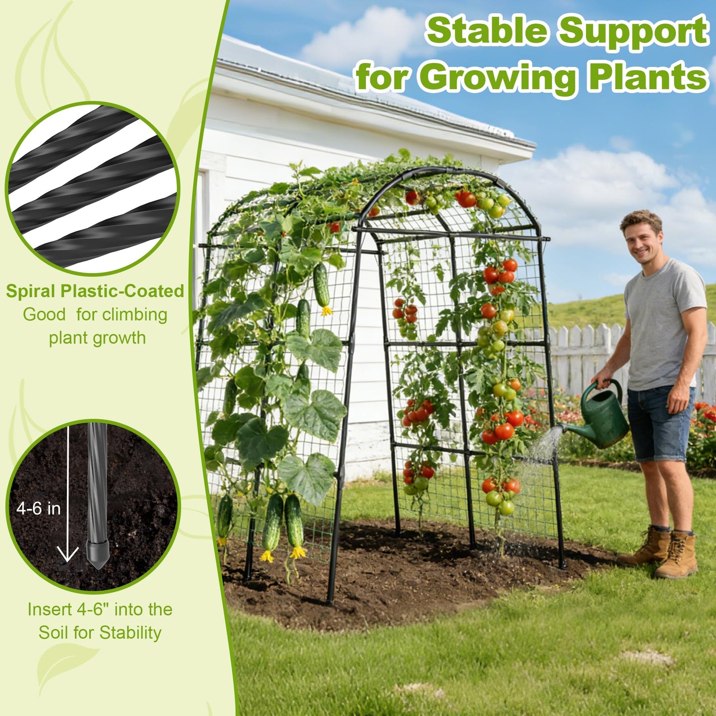 Miory Garden Arch Trellis for Climbing Plants Outdoor, Cucumber Trellis for Raised Bed, Steel with UV-Resistant PE Coated Plants Support Trellis (71 x 83 Inch)