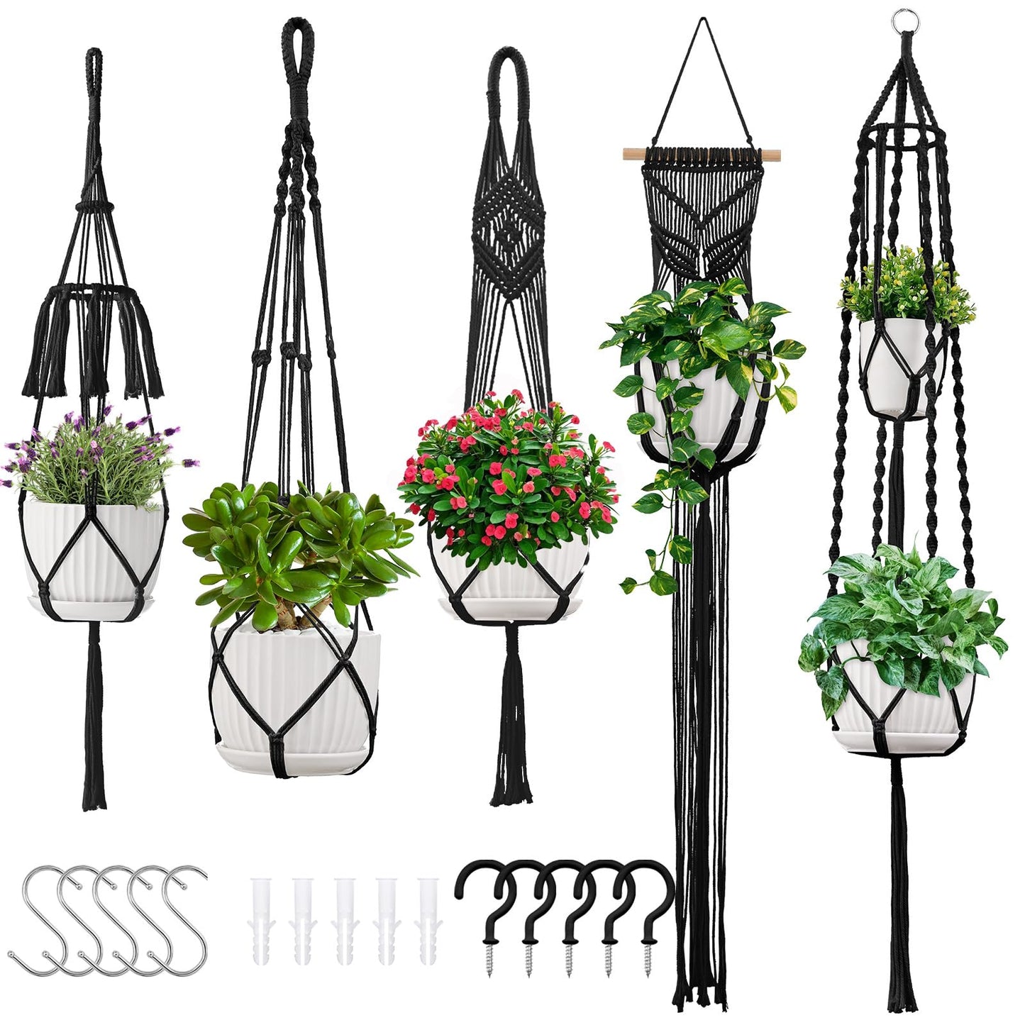 Macrame Plant Hangers 5Pack, Handmade Cotton Rope Hanging Planters for Indoor Plants w/ 5 Set Hooks Hanging Plant Holders Plant Hanger Indoor for Boho Home Decor (Black, Planter Pot Not Included)
